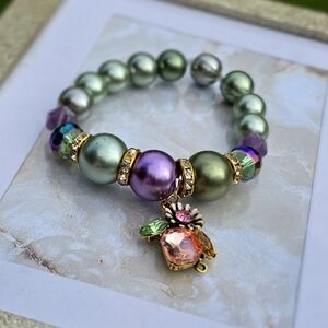 Elegant Handmade Purple Green Beaded Bracelet with Beautiful Charm